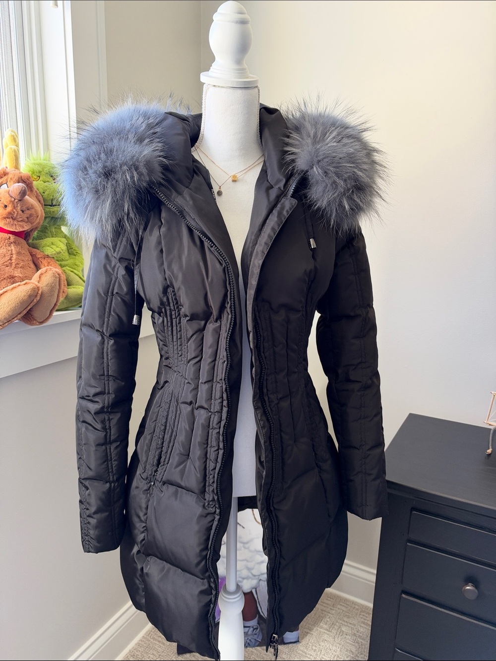 Flash Geo Duck Down Coat with Fur Trim on Hood